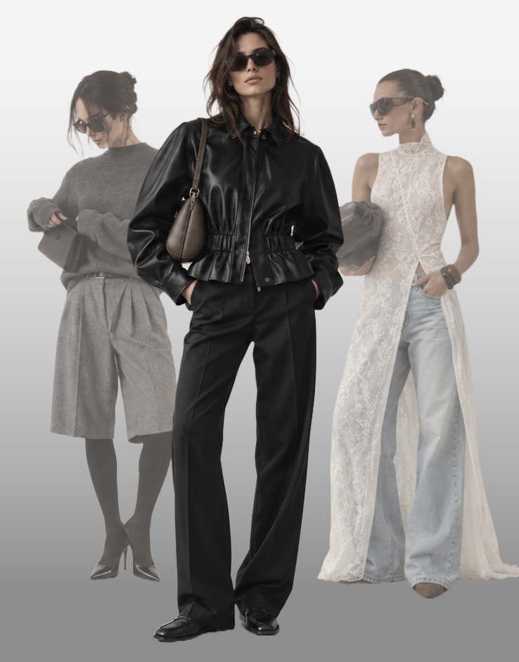Three styled looks side by side: a black leather jacket with tailored trousers, a grey knit with tailored shorts, and a white lace dress layered over jeans.